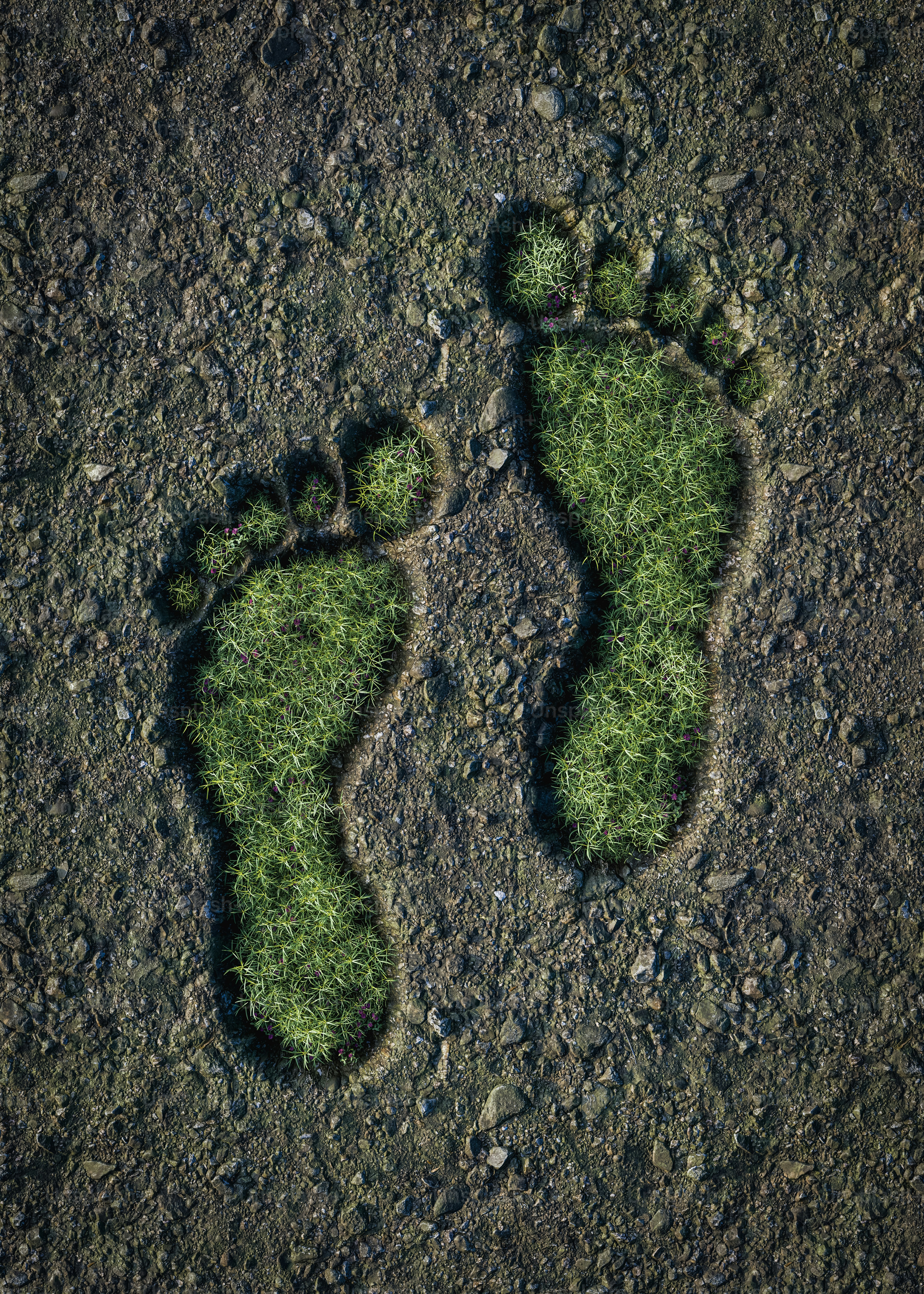 Green footprints made of grass on soil